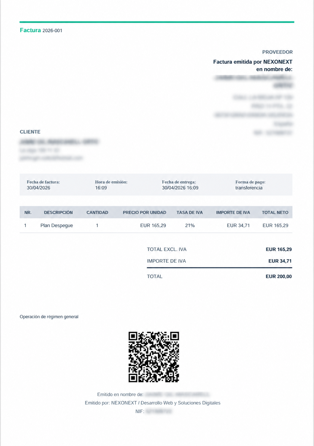 Factura PDF con QR Nexo Dashboard Pro